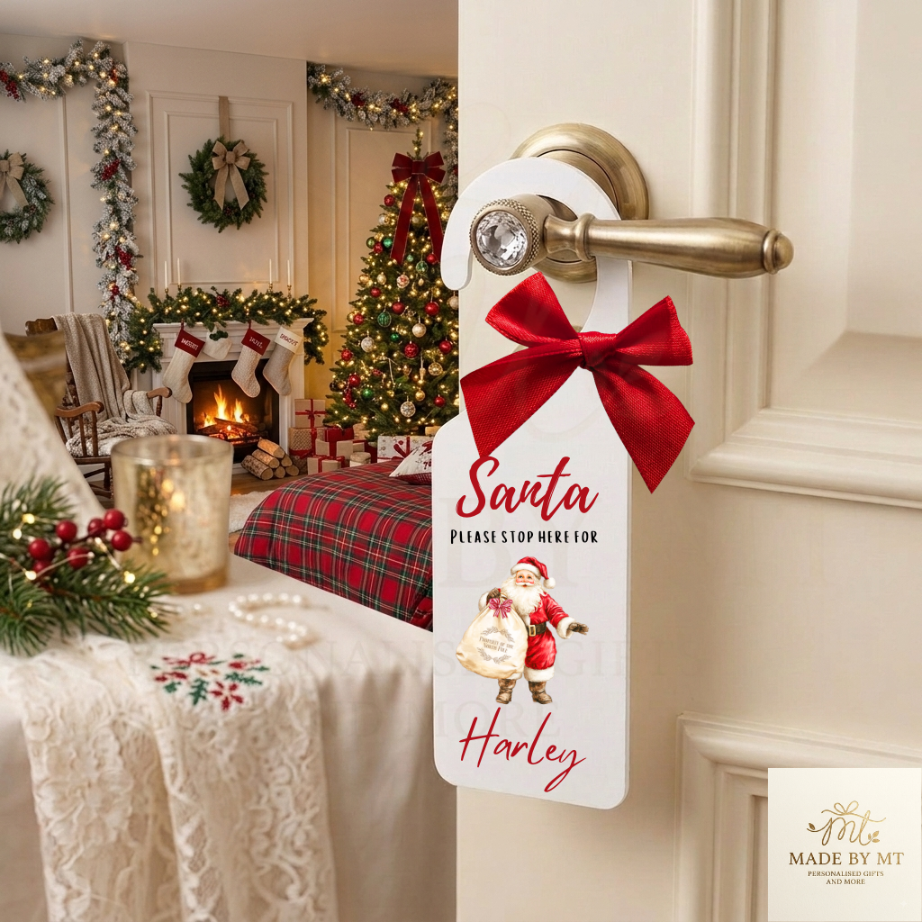 Santa, please stop here door hanger